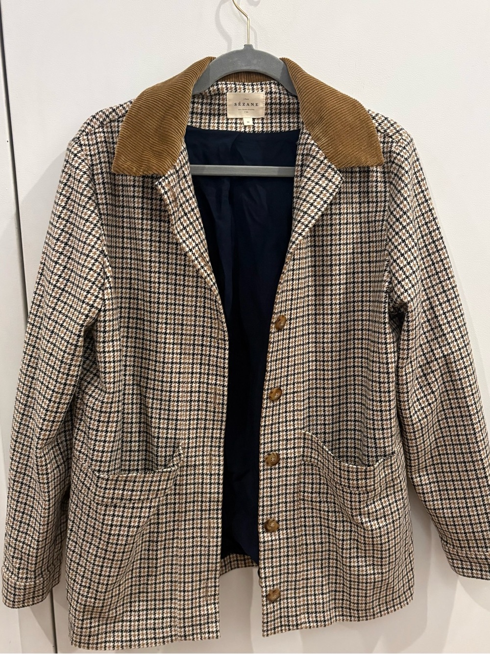 Sezane Women's Will Jacket- Houndstooth Jacket with Corduroy Collar, Size M